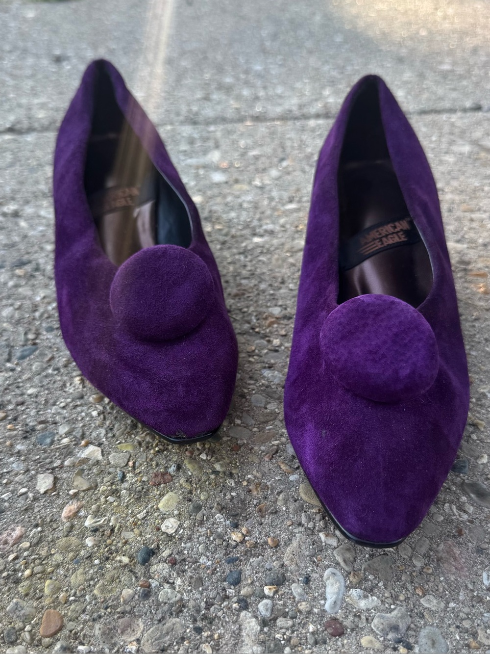 Vintage AMERICAN EAGLE Women's Purple Suede Pointed Toe Block Heel  Pom Pom 7.5